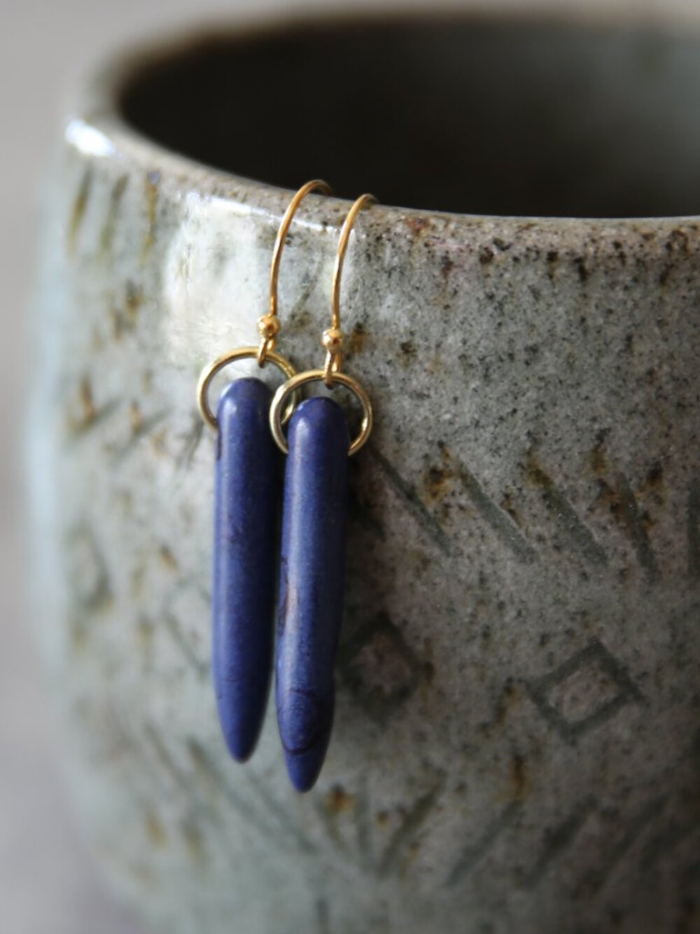 Blue Howlite Bullet Earrings with Gold Plated Sterling